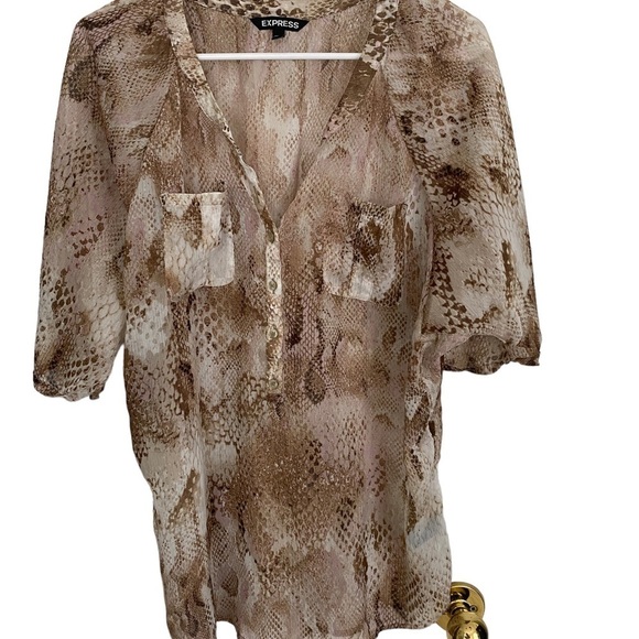 Express Tops - Express‎ Tan Snake Print Semi Sheer 1/2 Button Top Sz M